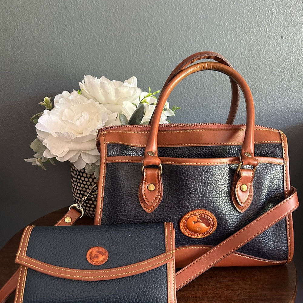 Vintage 1990’s Dooney & Bourke Navy and Brown Bag and Wallet with Gold Hardware